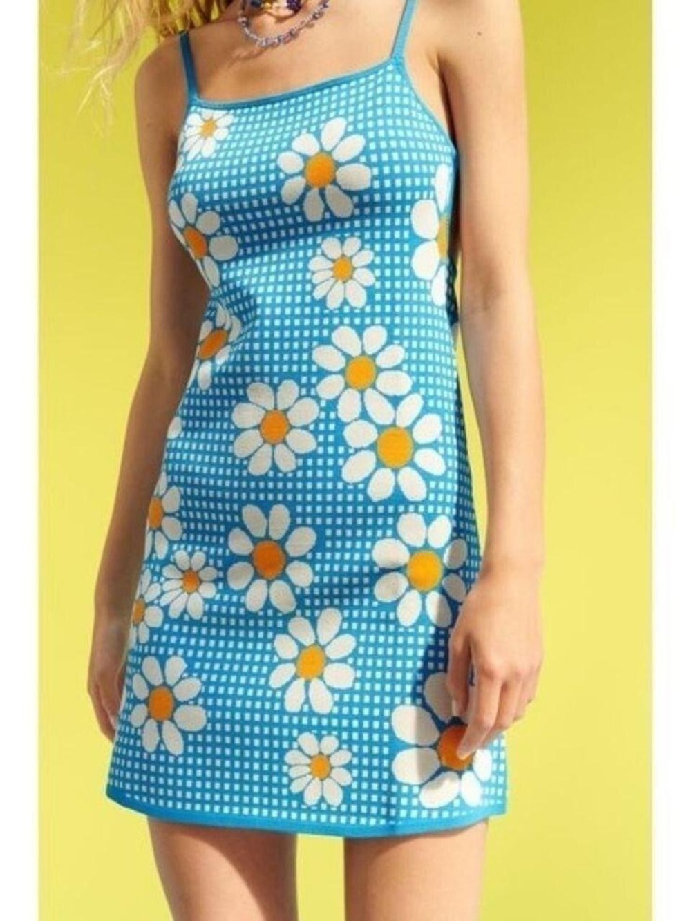 Zara Blue Gingham Daisy Knit Mini Dress Size Large - Picture 2 of 12